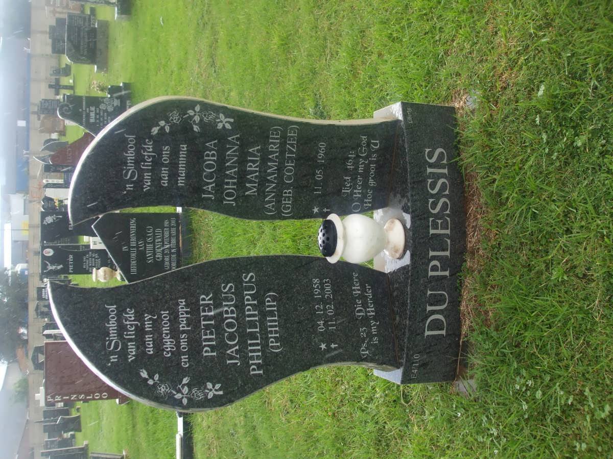 PLESSIS Pieter Jacobus Phillippus, du 1958-2003 &amp; Jacoba Johanna Maria COETZEE 1960-