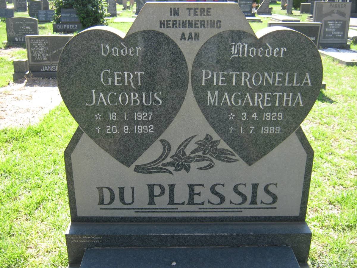 PLESSIS Gert Jacobus, du 1927-1992 &amp; Pietronella Magaretha 1929-1989