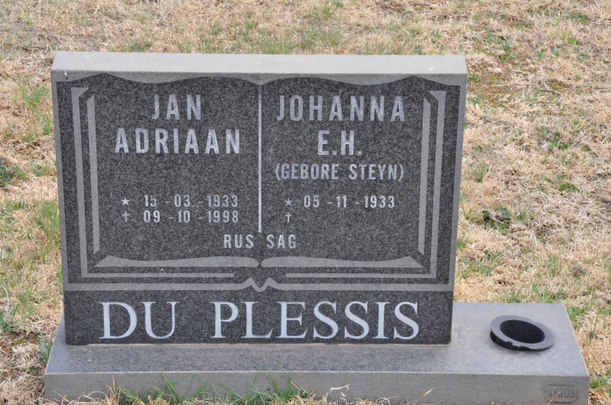 PLESSIS Jan Adriaan, du 1933-1998 &amp; Johanna E.H. STEYN 1933-