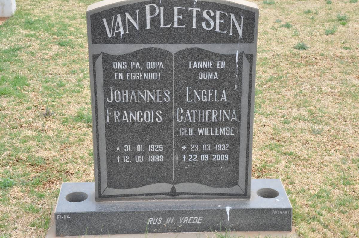 PLETSEN Johannes Francois, van 1925-1999 &amp; Engela Catherina WILLEMSE 1932-2009