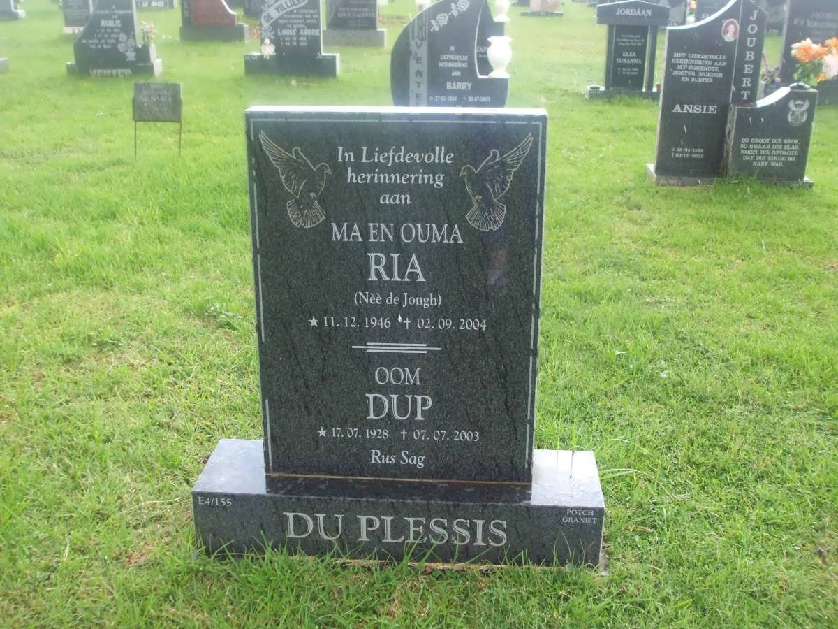 PLESSIS Dup, du 1928-2003 :: DU PLESSIS Ria nee DE JONGH 1946-2004