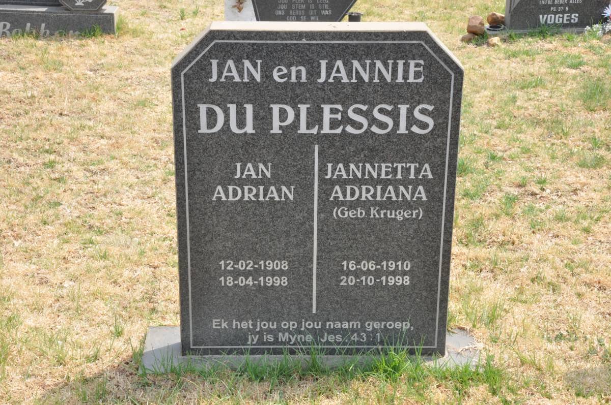 PLESSIS Jan Adrian, du 1908-1998 &amp; Jannetta Adriana KRUGER 1910-1998