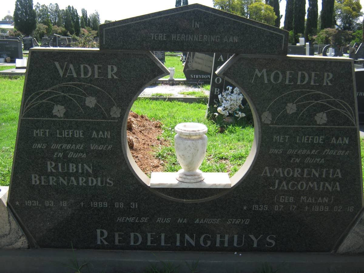 REDELINGHUYS Rubin Bernadus 1931-1989 &amp; Amorentia Jacomina MALAN 1935-1989