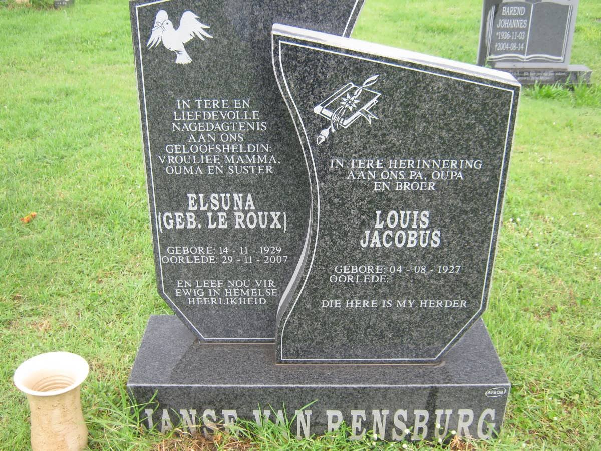 RENSBURG Louis Jacobus, Janse van 1927- &amp; Elsuna LE ROUX 1929-2007
