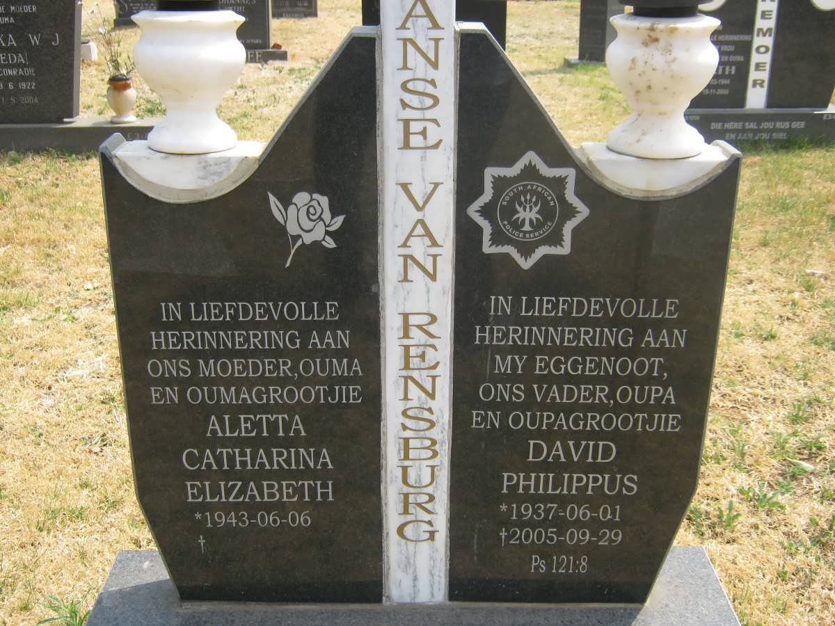 RENSBURG David Philippus, Janse van 1937-2005 &amp; Aletta Catharina Elizabeth 1943-