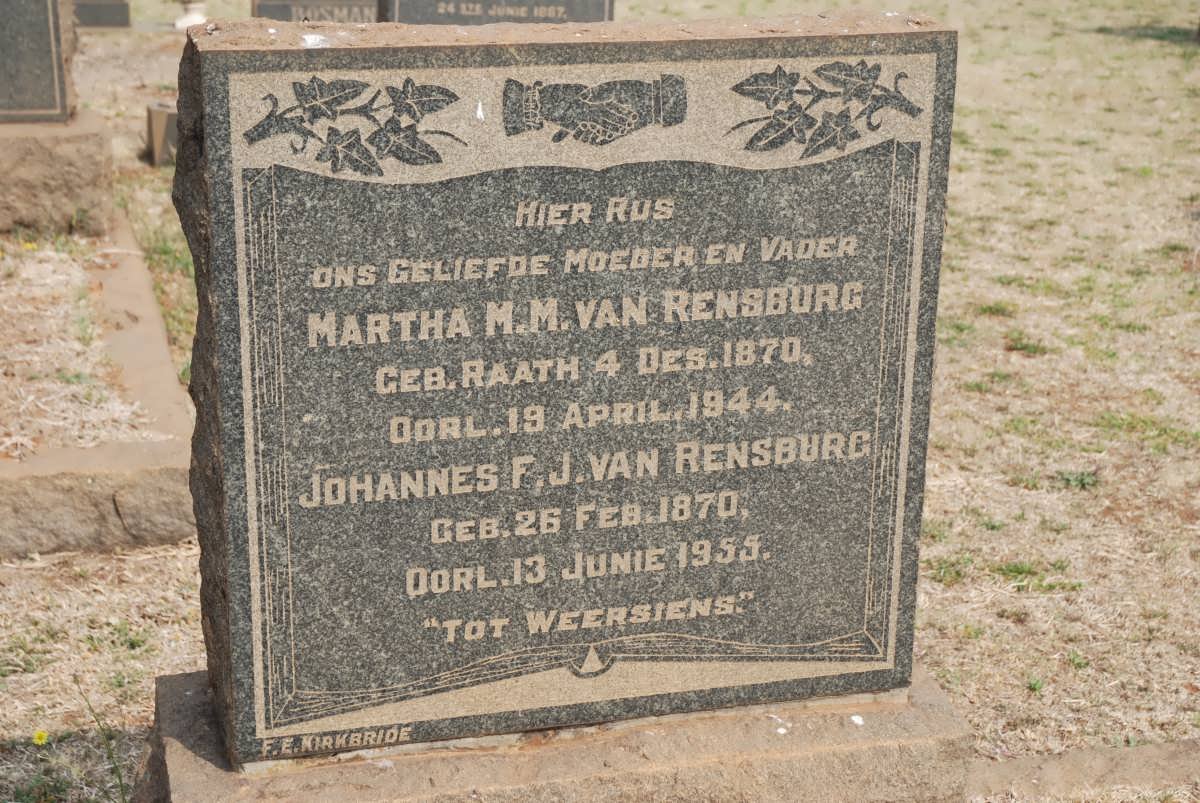 RENSBURG Johannes F.J., van 1870-1955 &amp; Martha M.M. RAATH 1870-1944