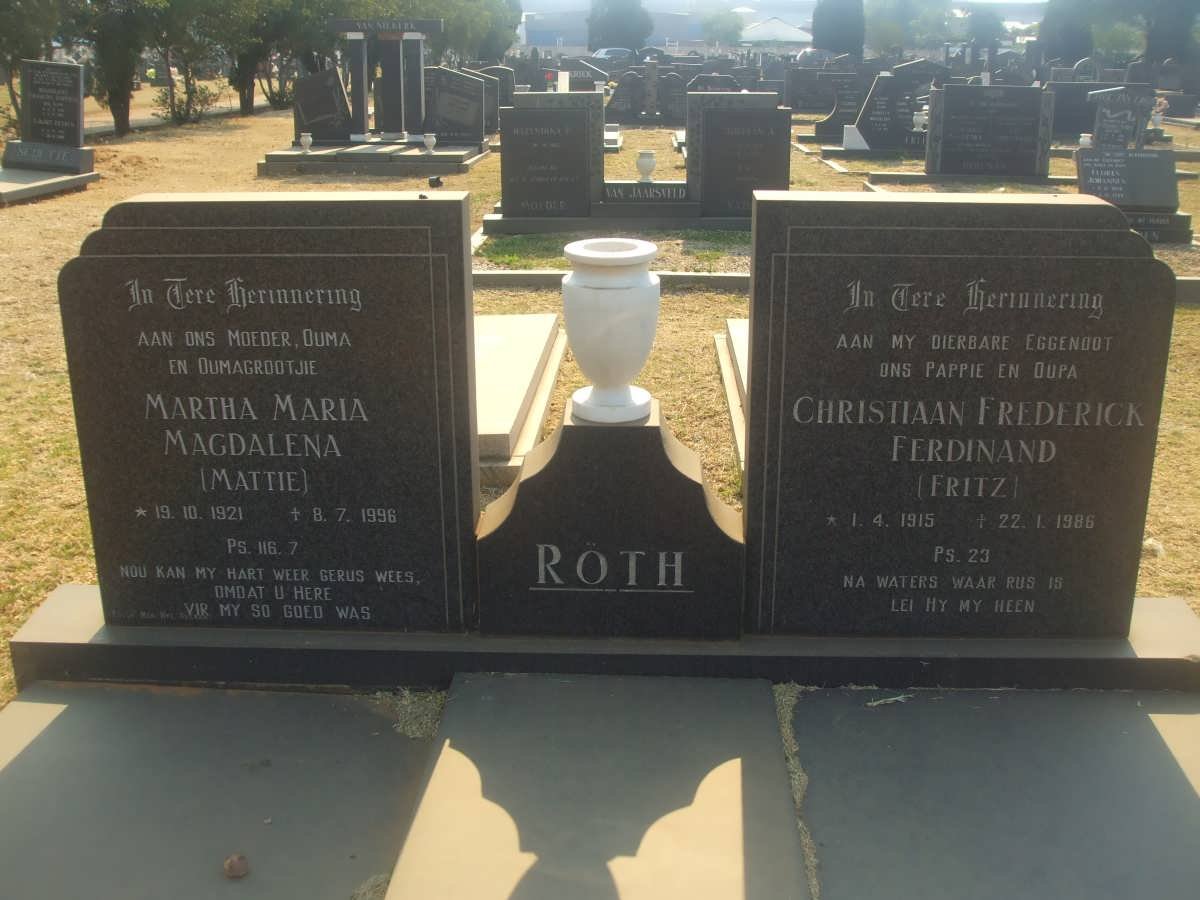 RÖTH Christiaan Frederick Ferdinand 1915-1986 &amp; Martha Maria Magdalena 1921-1996