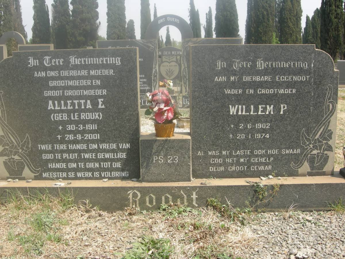 ROODT Willem P. 1902-1974 &amp; Alletta E. LE ROUX 1911-2001