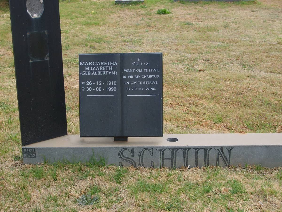 SCHUIN Margaretha Elizabeth nee ALBERTYN 1918-1998