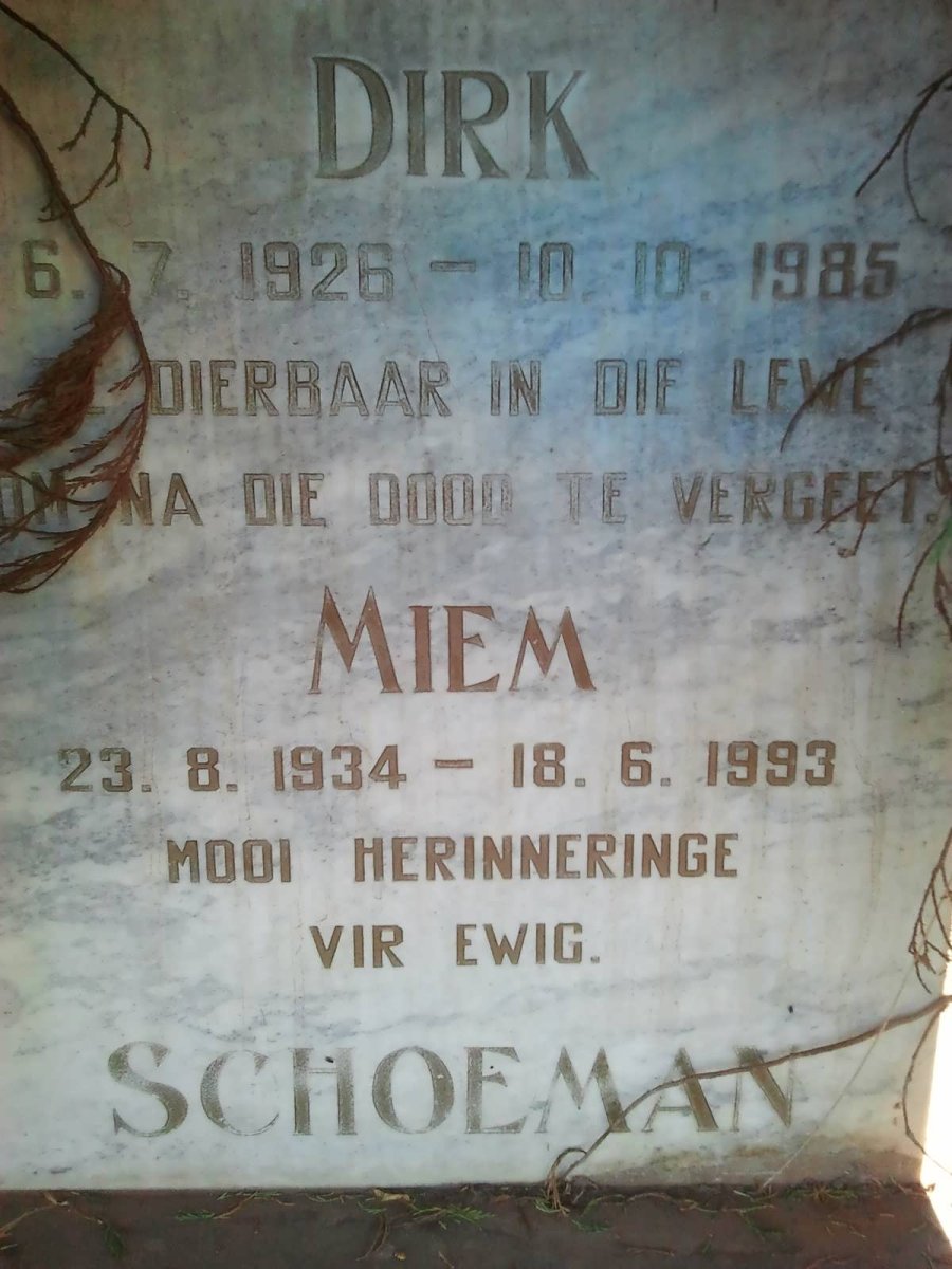 SCHOEMAN Dirk 1926-1985 &amp; Miem 1934-1993