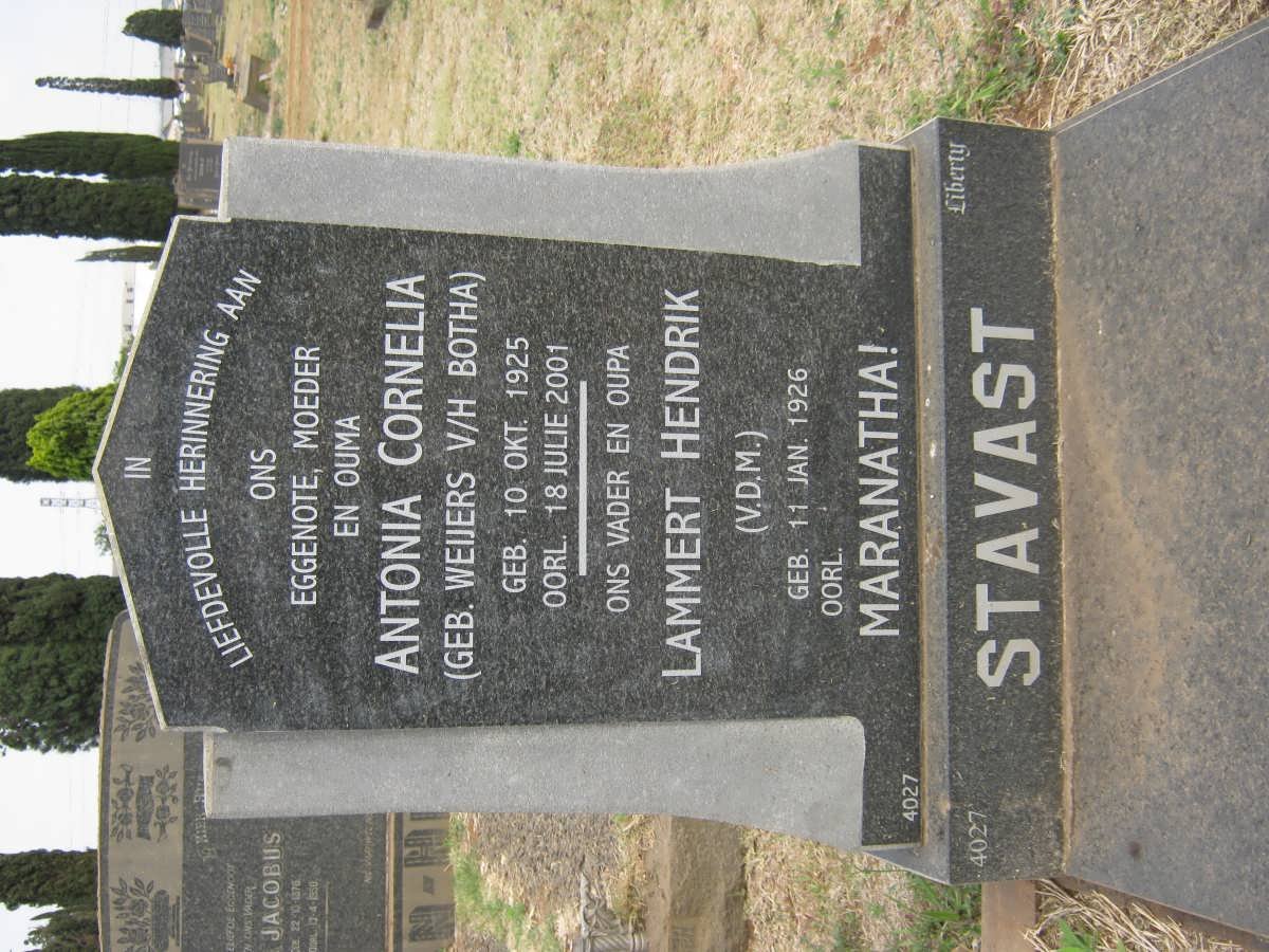 STAVAST Lammert Hendrik 1926- &amp; Antonia Cornelia formerly BOTHA nee WEIJERS 1925-2001