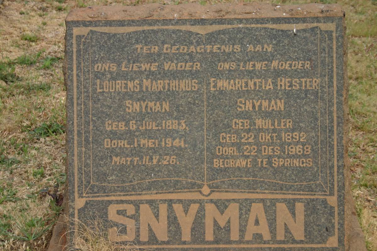 SNYMAN Lourens Marthinus 1883-1941 &amp; Emmarentia Hester MÜLLER 1892-1968