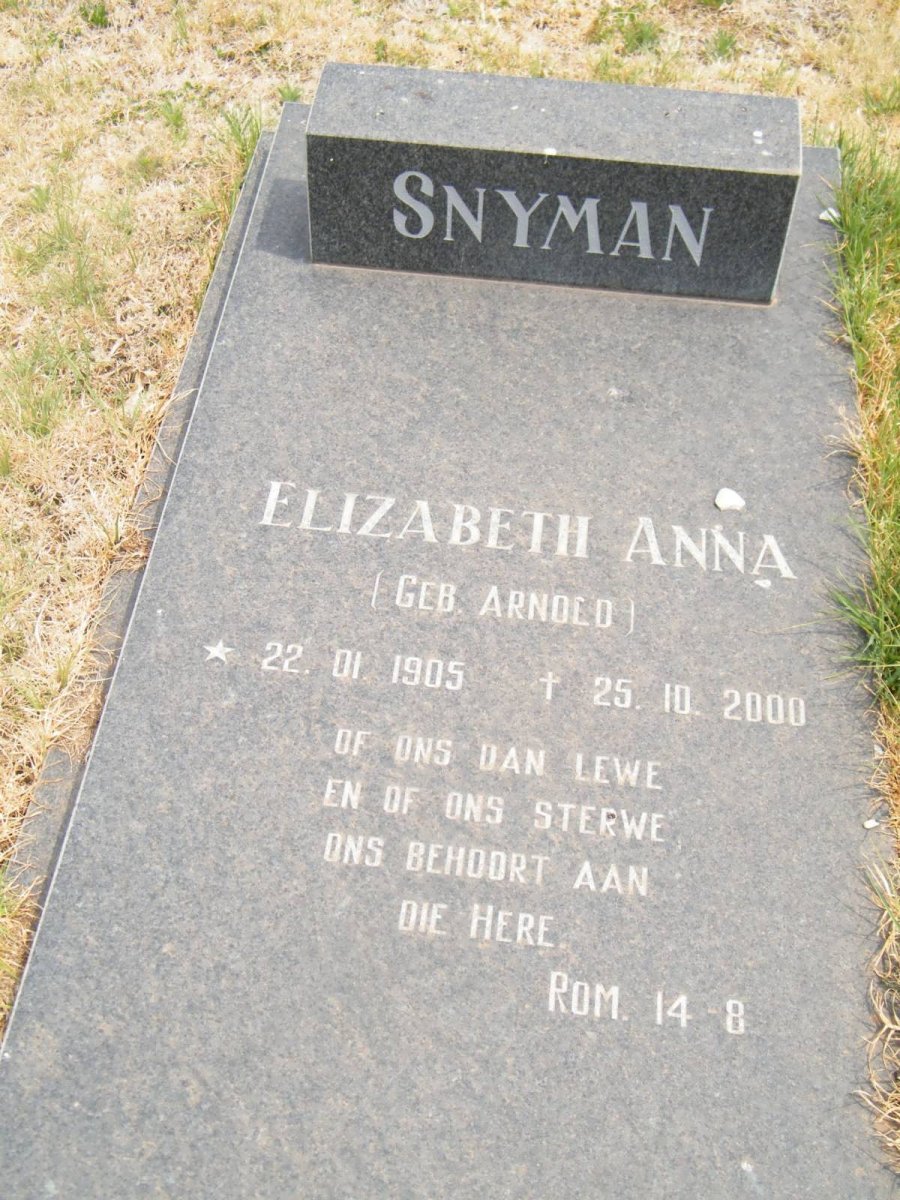 SNYMAN Elizabeth Anna nee ARNOLD 1905-2000