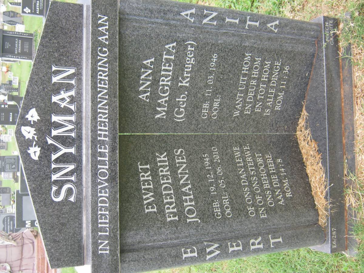 SNYMAN Ewert Frederik Johannes 1945-2010 &amp; Anna Magrieta KRUGER 1946-