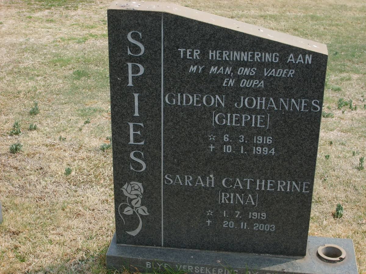 SPIES Gideon Johannes 1916-1994 &amp; Sarah Catherine 1919-2003