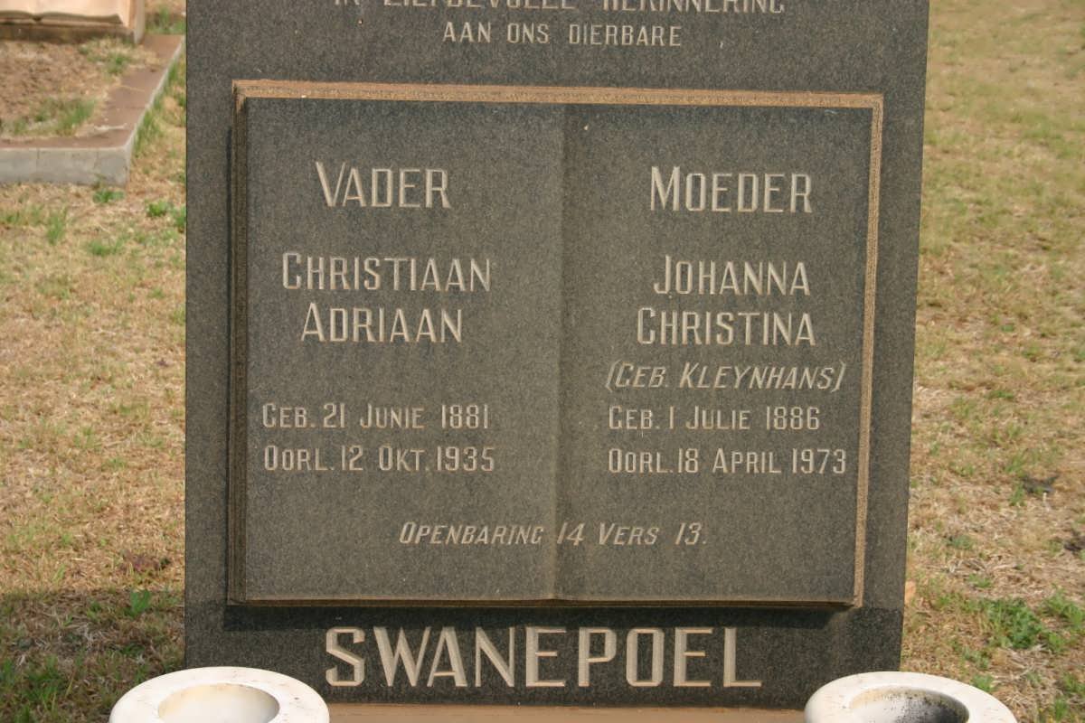 SWANEPOEL Christiaan Adriaan 1881-1935 &amp; Johanna Christina KLEYNHANS 1886-1973