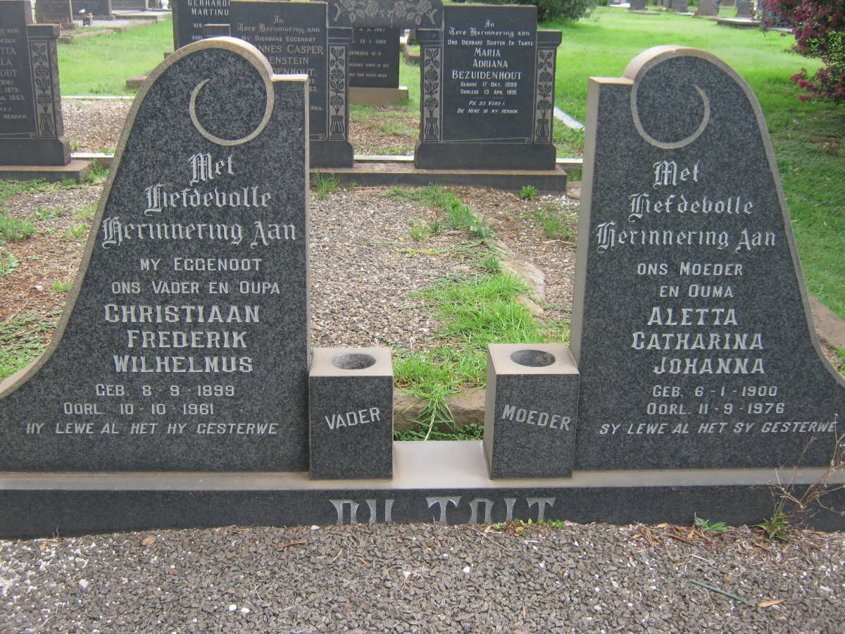 TOIT Christiaan Frederik Wilhelmus, du 1899-1961 &amp; Aletta Catharina Johanna 1900-1976