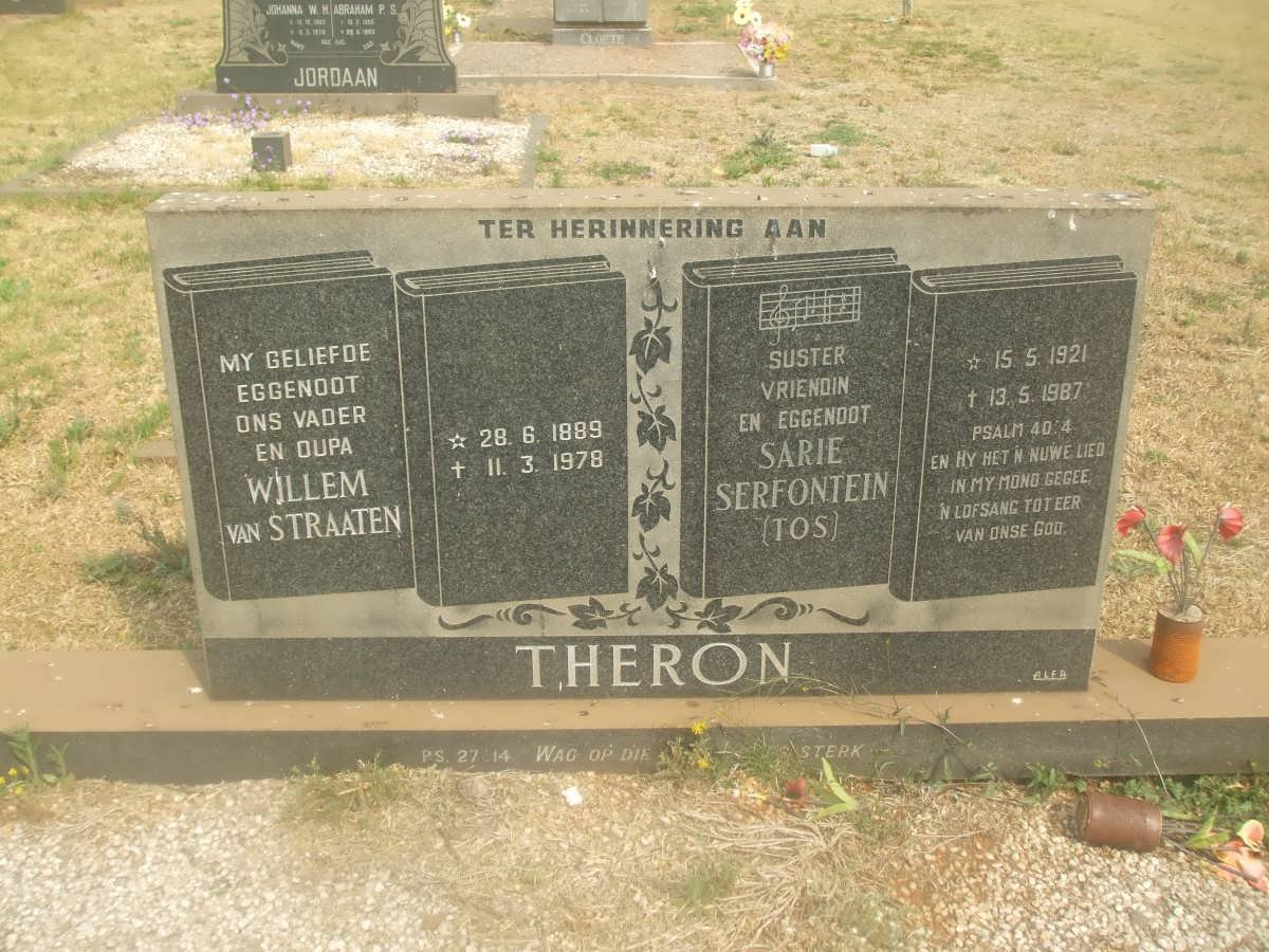 THERON Willem Van Straaten 1889-1978 &amp; Sarie Serfontein 1921-1987