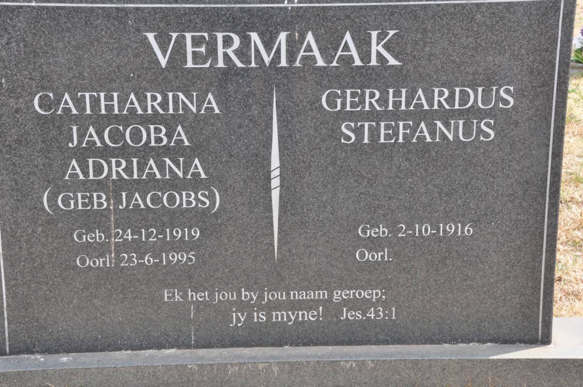 VERMAAK Gerhardus Stefanus 1916- &amp; Catharina Jacoba Adriana JACOBS 1919-1995