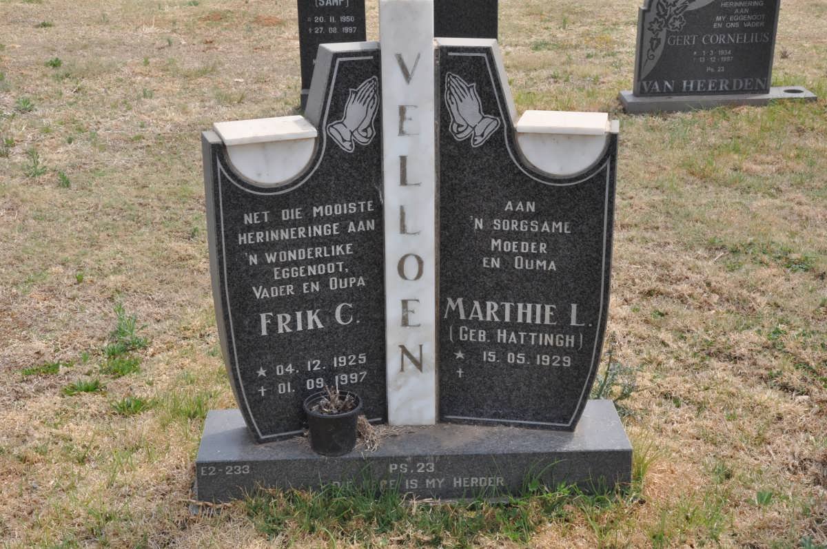 VELLOEN Frik C. 1925-1997 &amp; Marthie L. HATTINGH 1929-