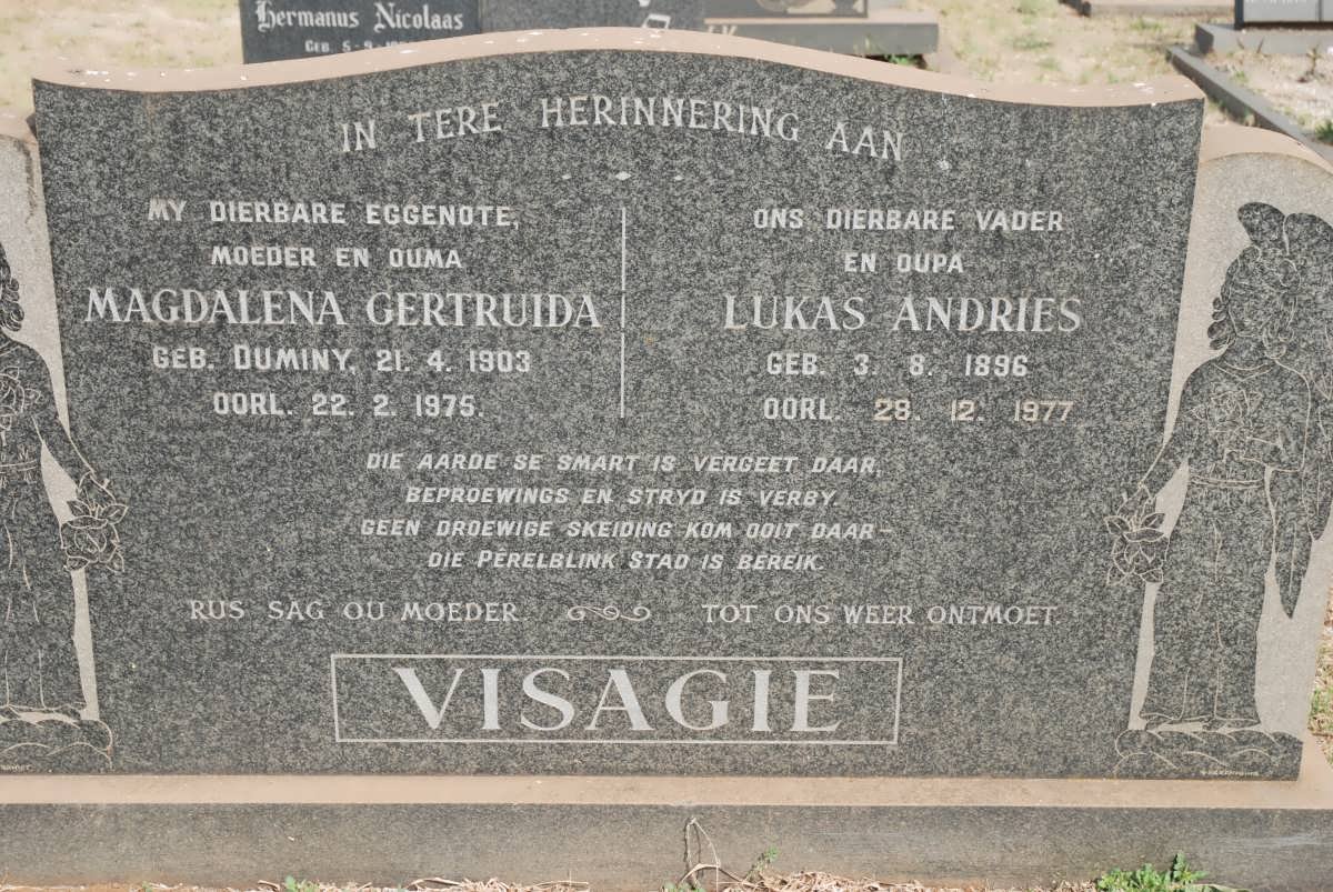 VISAGIE Lukas Andries 1896-1977 &amp; Magdalena Gertruida DUMINY 1903-1975 