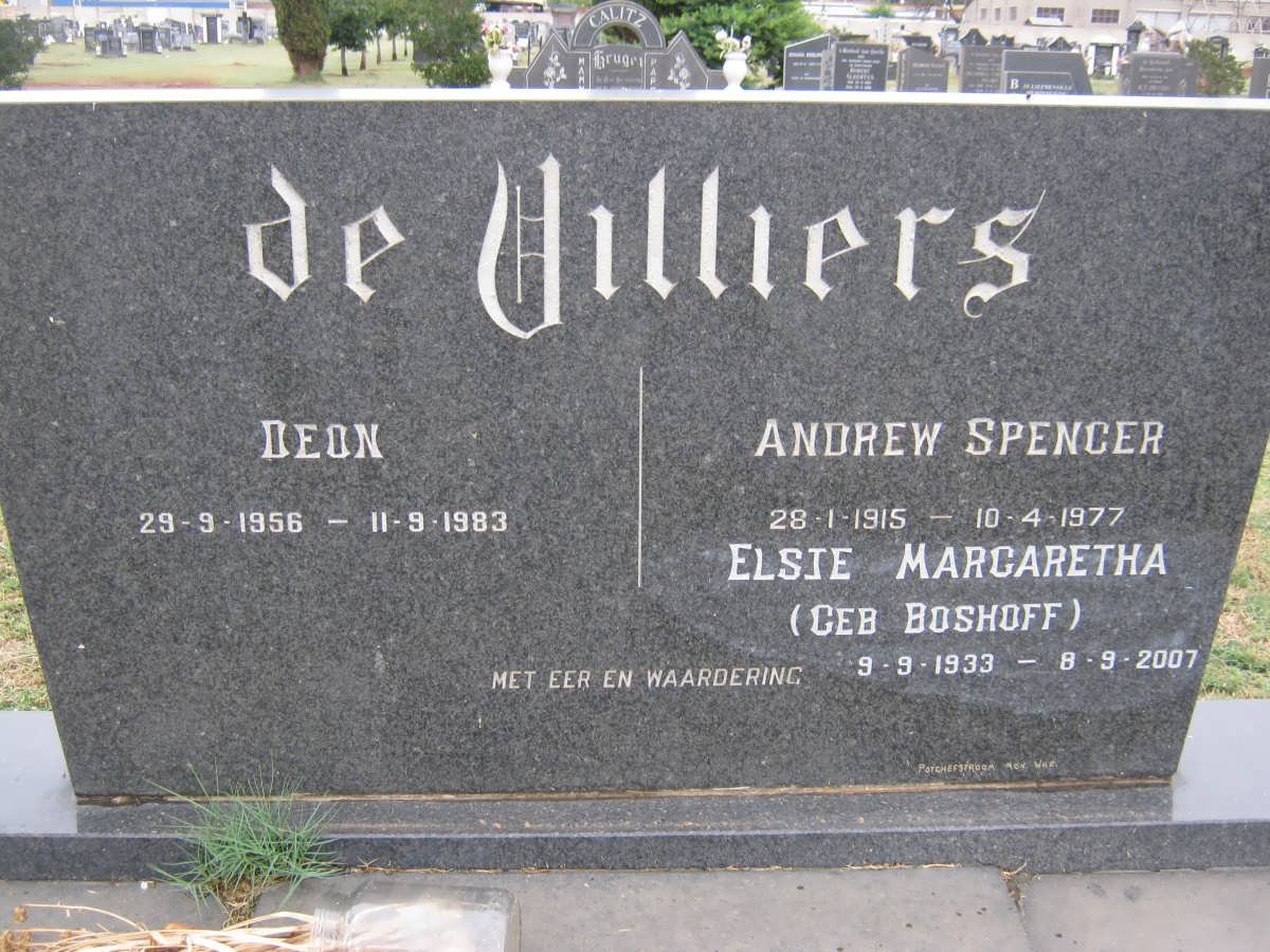VILLIERS Andrew Spencer, de 1915-1977 &amp; Elsie Margaretha BOSHOFF 1933-2007 :: DE VILLIERS Deon 1956-1983