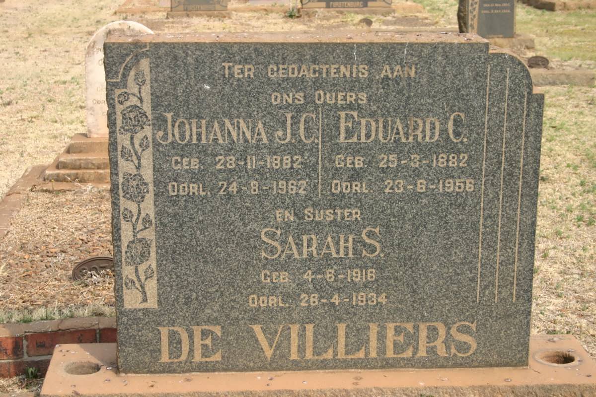 VILLIERS Eduard C., de 1882-1956 &amp; Johanna J.C. 1882-1962 :: DE VILLIERS Sarah S. 1916-1934