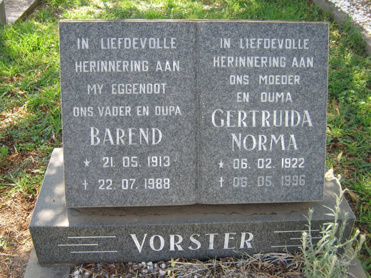 VORSTER Barend 1913-1988 &amp; Gertruida Norma 1922-1996