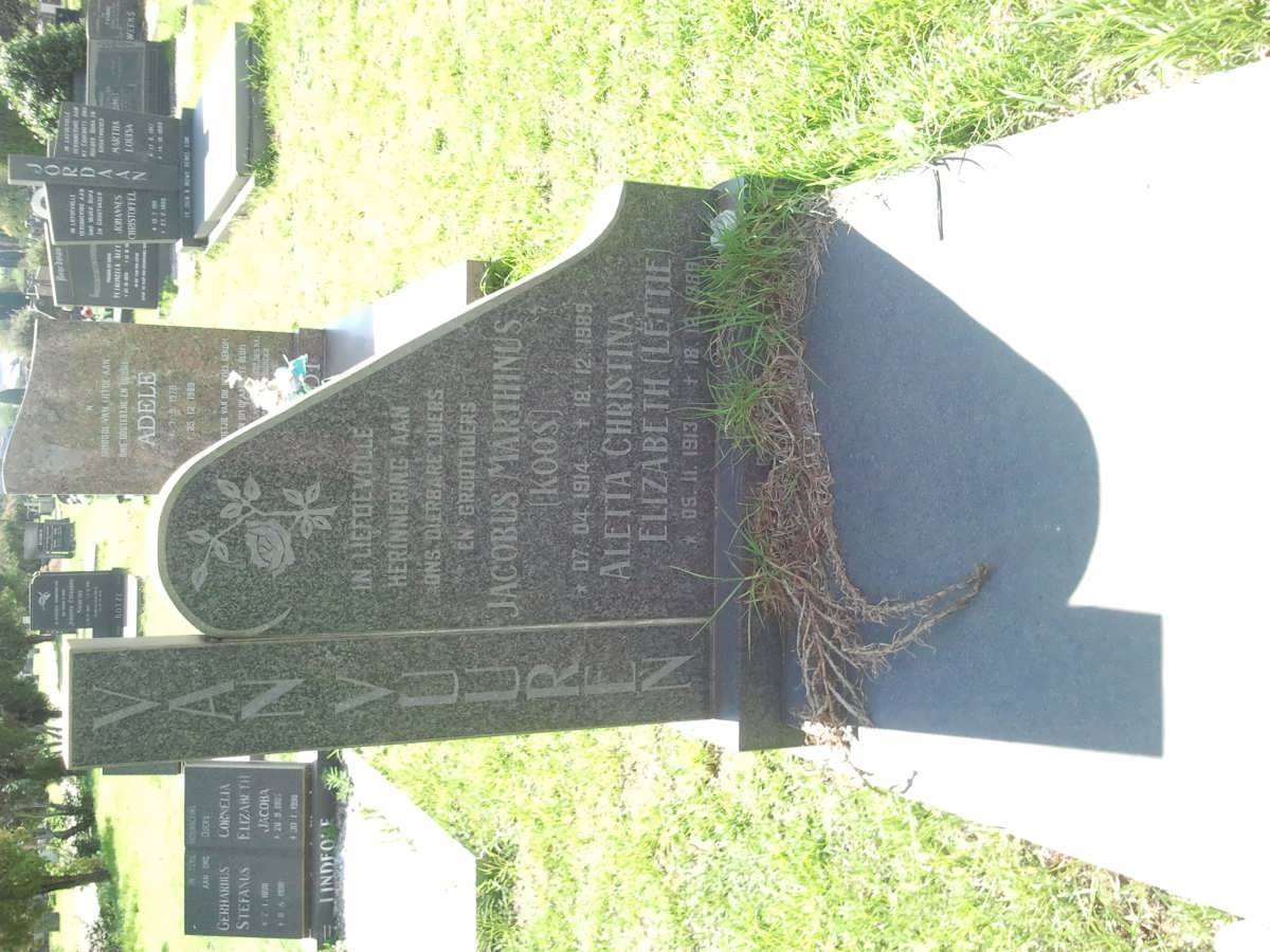 VUUREN Jacobus Marthinus, van 1914-1989 &amp; Aletta Christina Elizabeth 1913-1989
