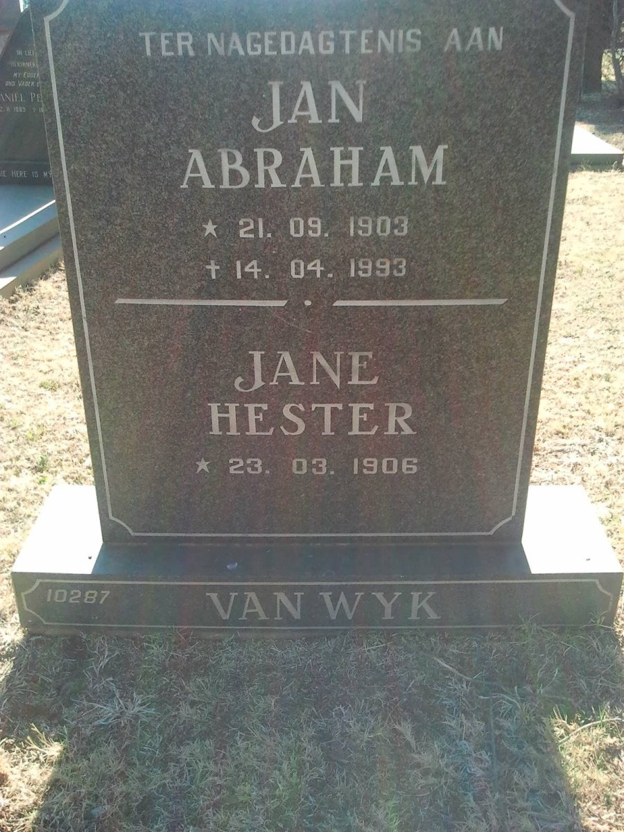 WYK Jan Abraham, van 1903-1993 &amp; Jane Hester 1906-