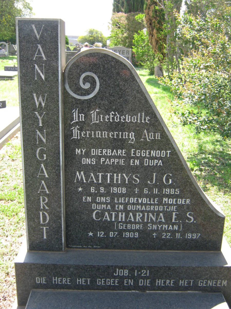 WYNGAARDT Matthys J.G., van 1908-1985 &amp; Catharina E.S. SNYMAN 1909-1997
