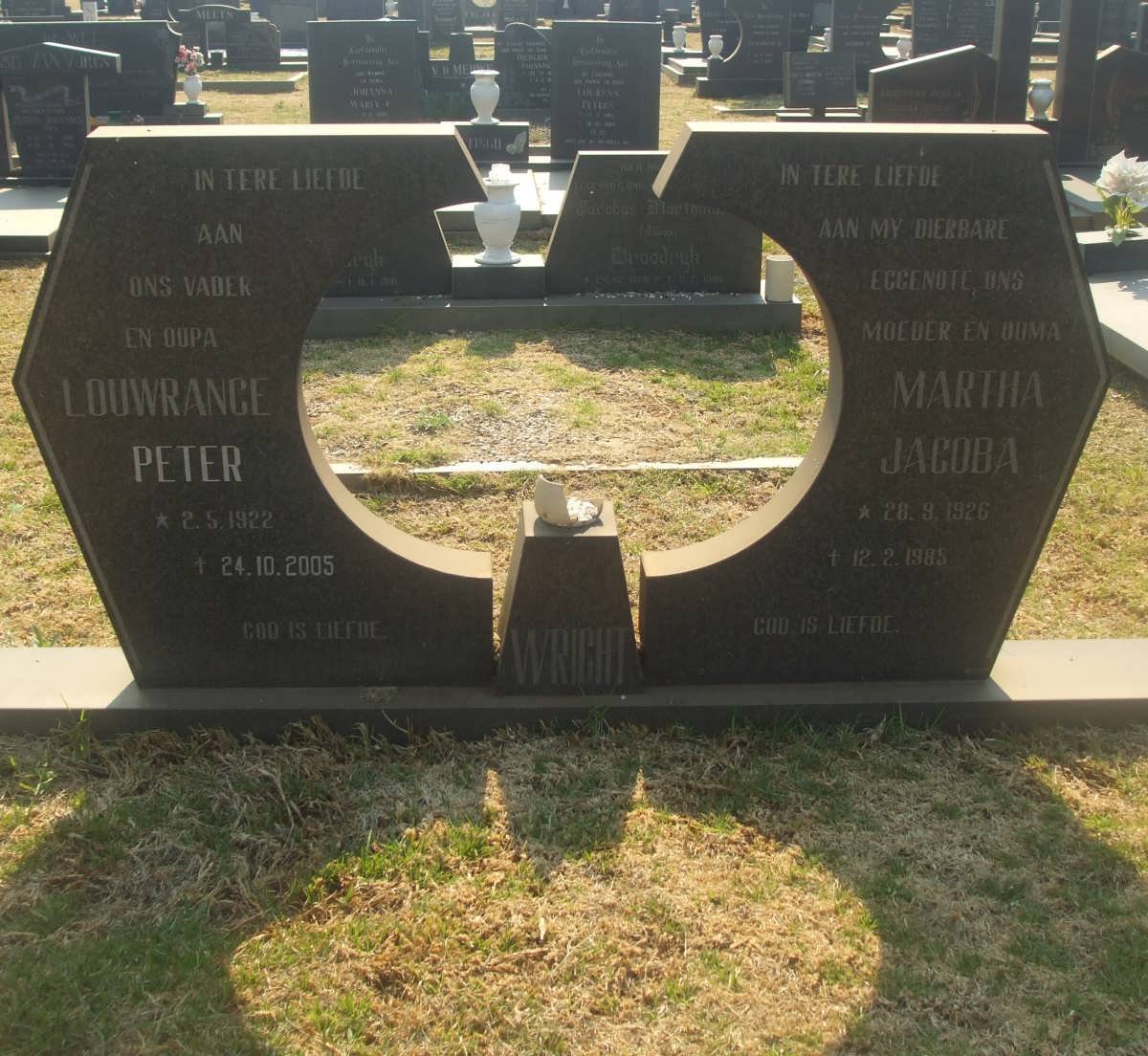 WRIGHT Louwrance Peter 1922-2005 &amp; Martha Jacoba 1926-1985