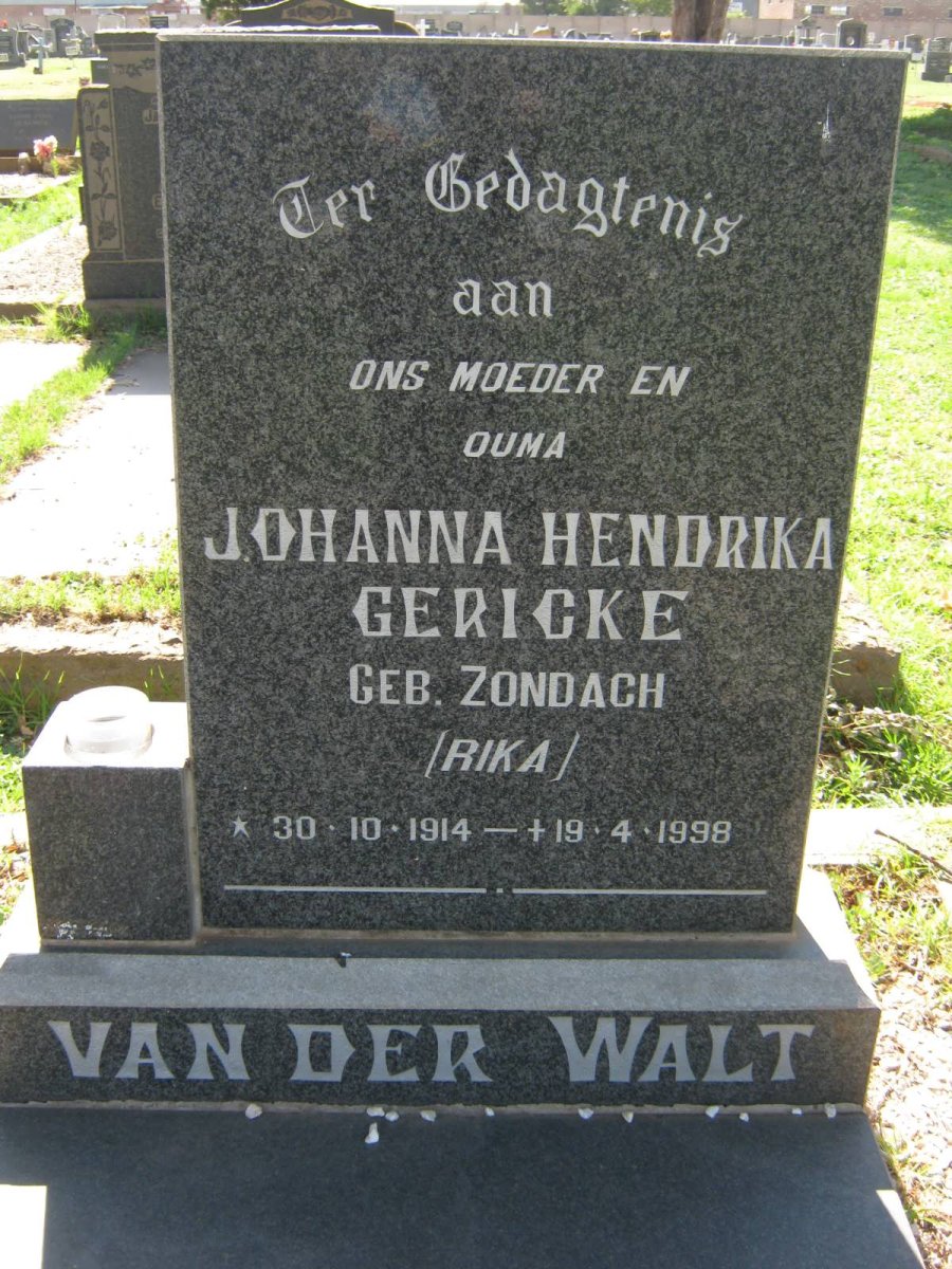 WALT Johanna Hendrika Gerecke, van der nee ZONDACH 1914-1998