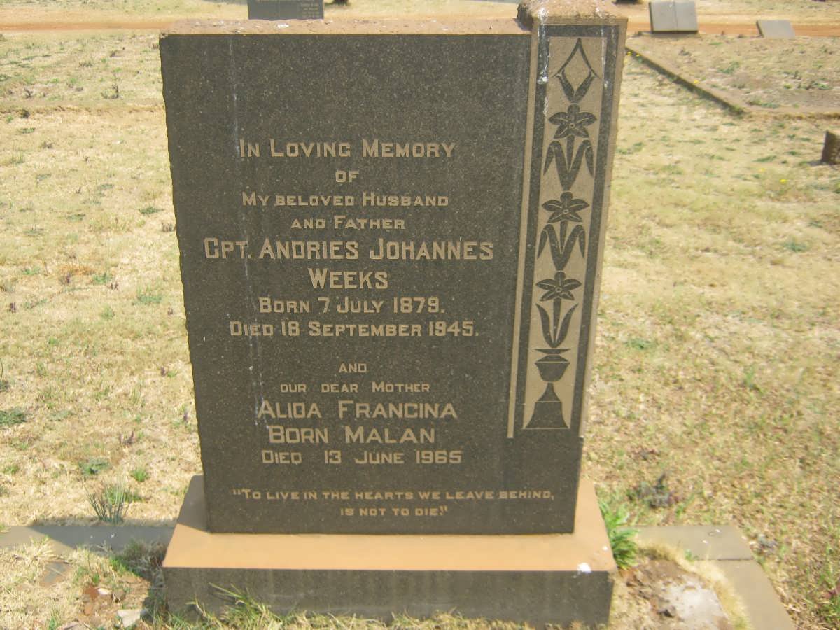 WEEKS Andries Johannes 1879-1945 &amp; Alida Francina MALAN -1965