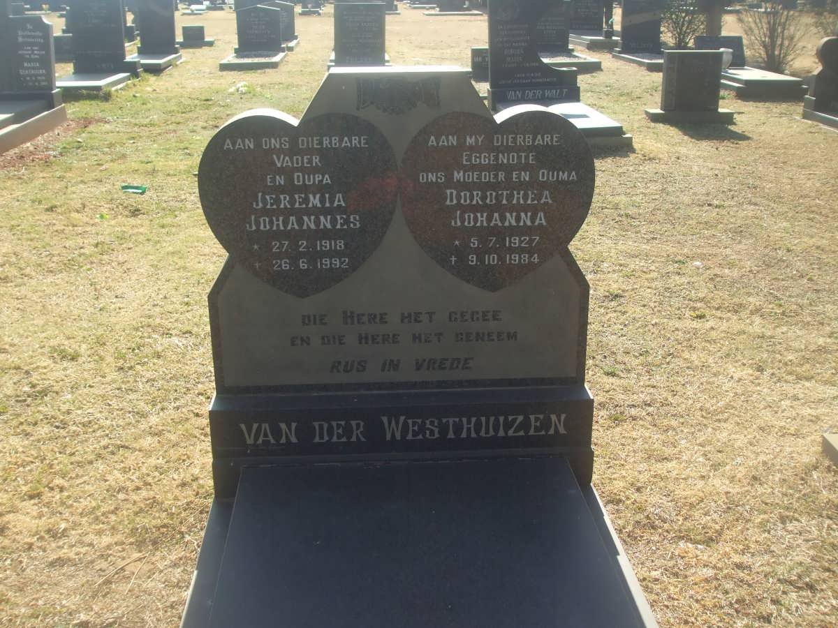 WESTHUIZEN Jeremia Johannes 1918-1992 &amp; Dorothea Johanna 1927-1984