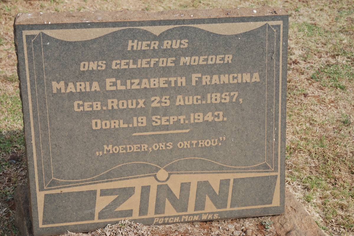 ZINN Maria Elizabeth Francina nee ROUX 1857-1943