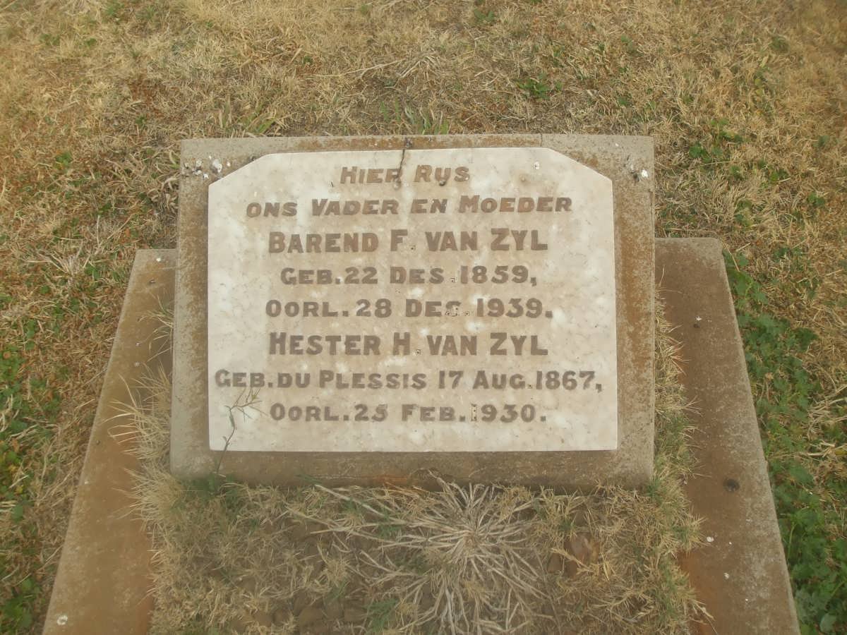 ZYL Barend F., van 1859-1939 &amp; Hester H. DU PLESSIS 1867-1930