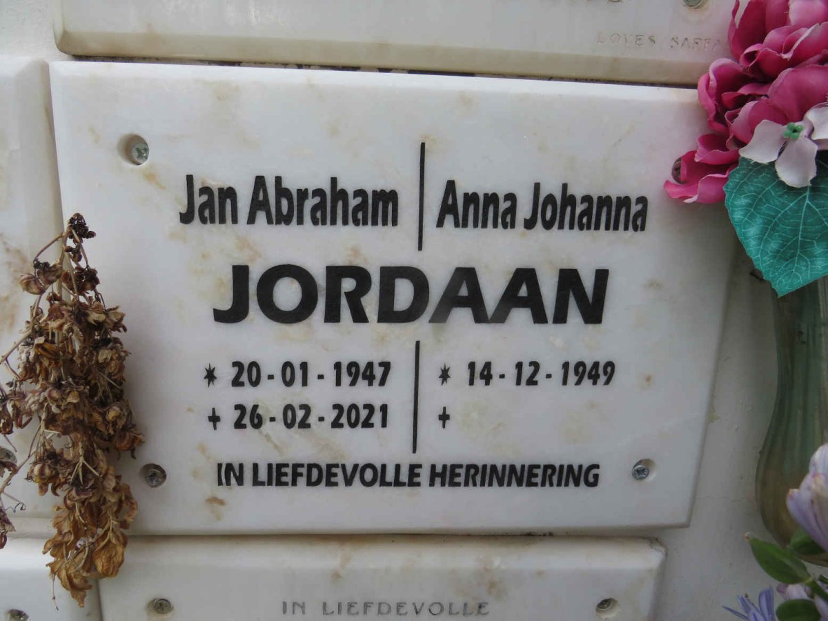 JORDAAN Jan Abraham 1947-2021 & Anna Johanna 1949-