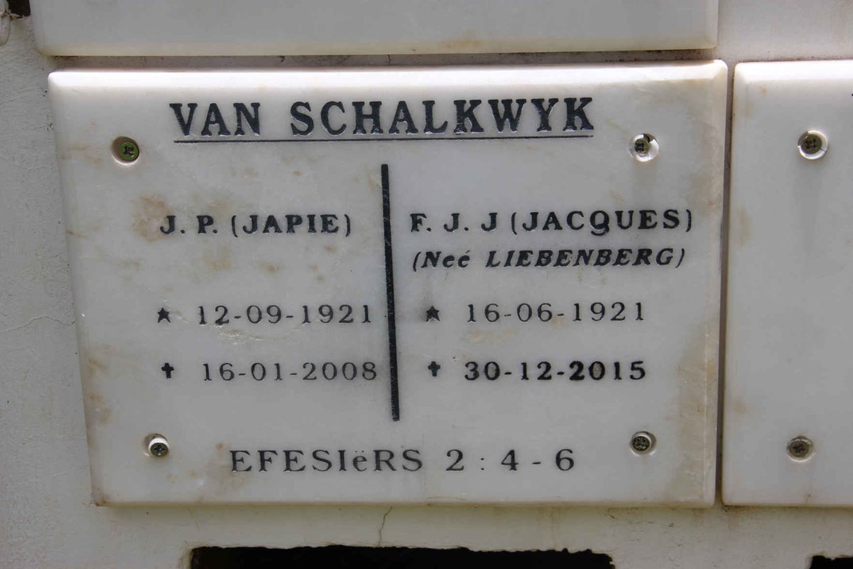 SCHALKWYK J.P. 1921-2008 &amp; F.J.J. LIEBENBERG 1921-2015