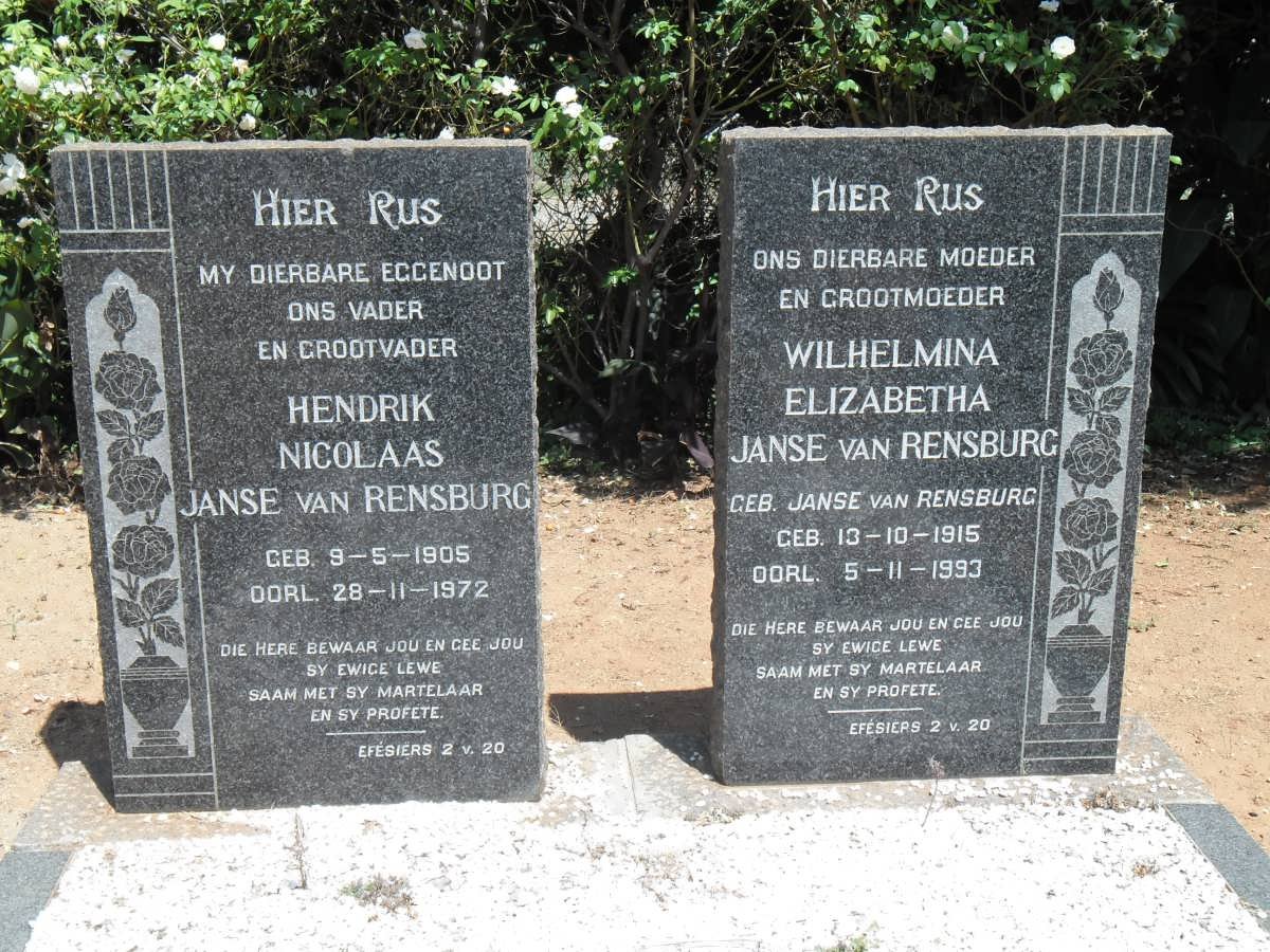 RENSBURG Hendrik Nicolaas, Janse van 1905-1972 &amp; Wilhelmina Elizabetha JANSE VAN RENSBURG 1915-1993
