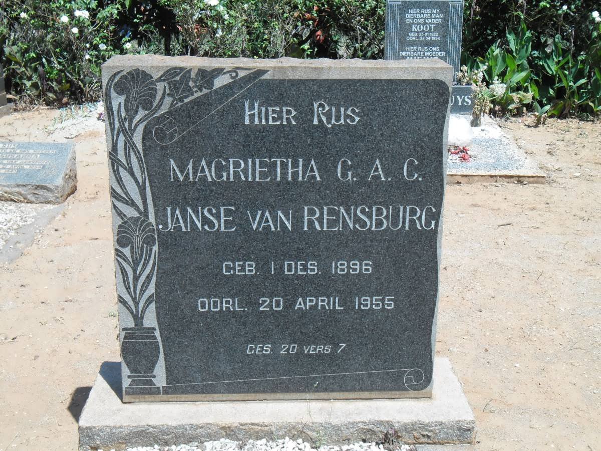 RENSBURG Magrietha G.A.C., Janse van 1896-1955