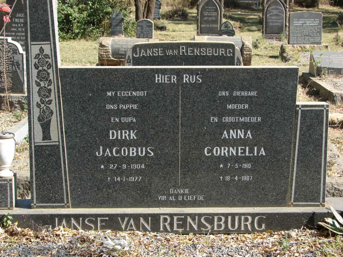 RENSBURG Dirk Jacobus, Janse van 1904-1977 &amp; Anna Cornelia 1910-1987