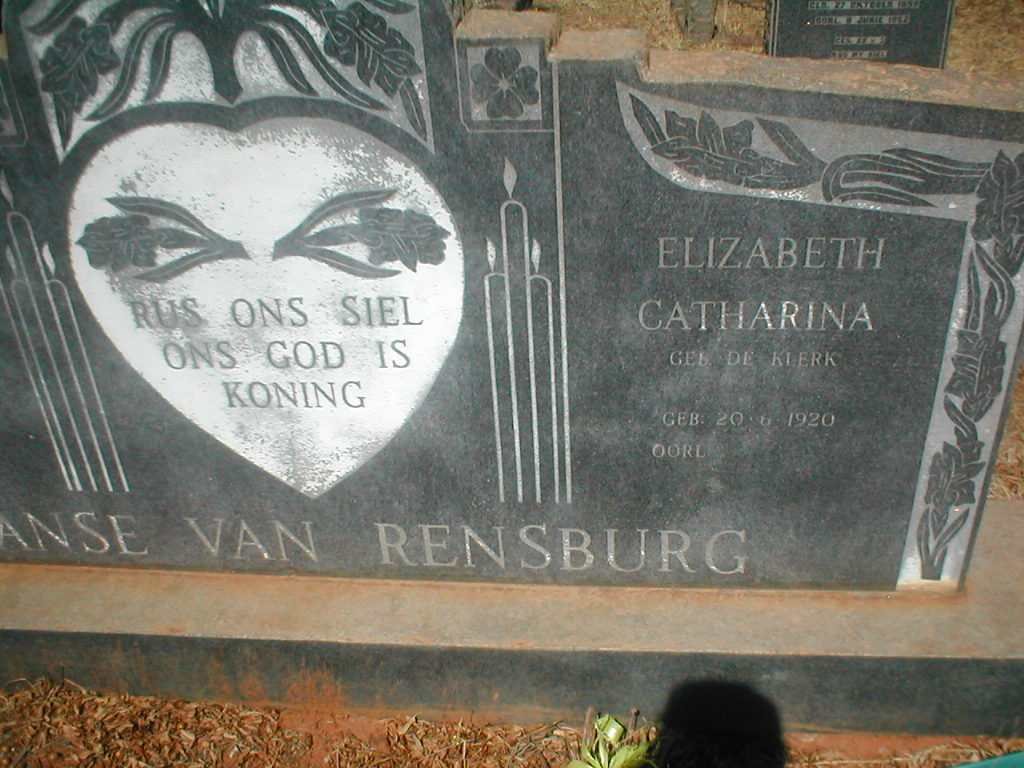 RENSBURG Elizabeth Catharina, Janse van geb. DE KLERK 1920-