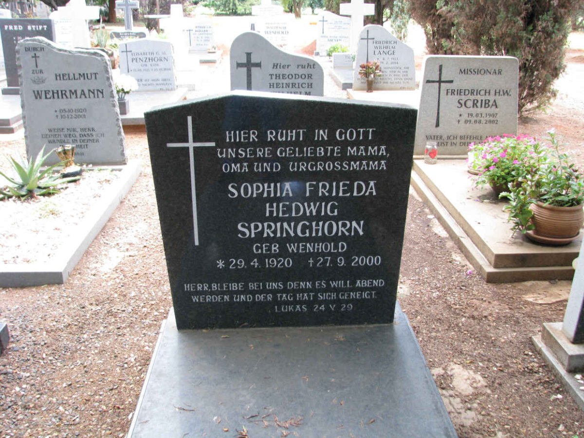 SPRINGHORN Sophia Frieda Hedwig nee WENHOLD 1920-2000