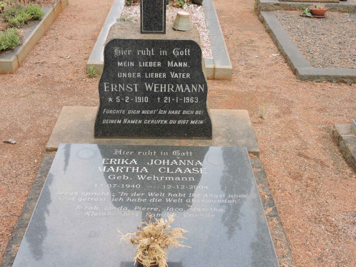 WEHRMANN Ernst 1910-1963 :: CLAASE Erika Johanna Martha nee WEHRMANN 1940-2004