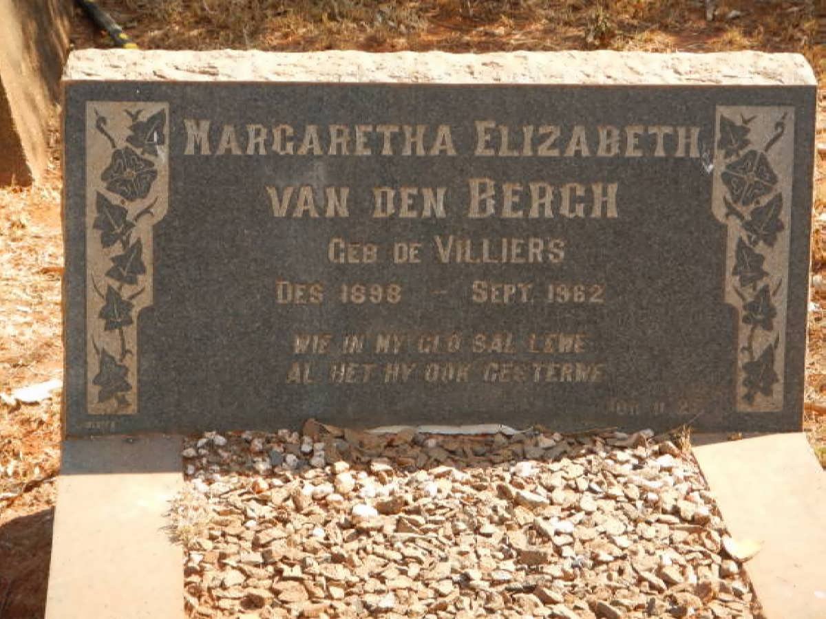 BERGH Margaretha Elizabeth, van den nee DE VILLIERS 1898-1962