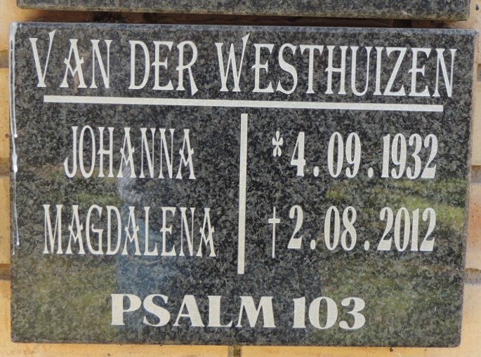 WESTHUIZEN Johanna Magdalena, van der 1932-2012