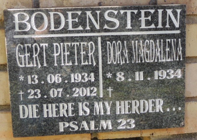 BODENSTEIN Gert Pieter 1934-2012 &amp; Dora Magdalena 1934-
