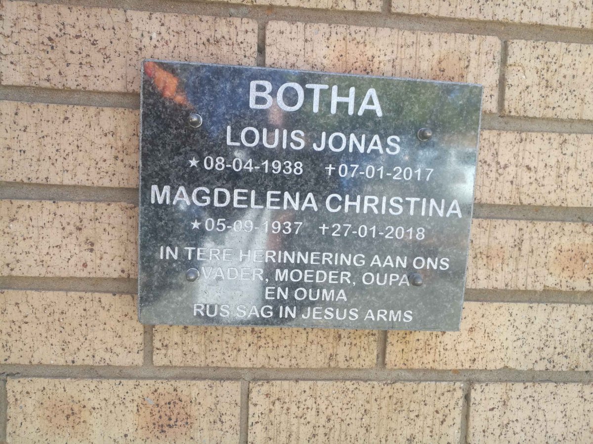 BOTHA Louis Jonas 1938-2017 &amp; Magdelena Christina 1937-2018