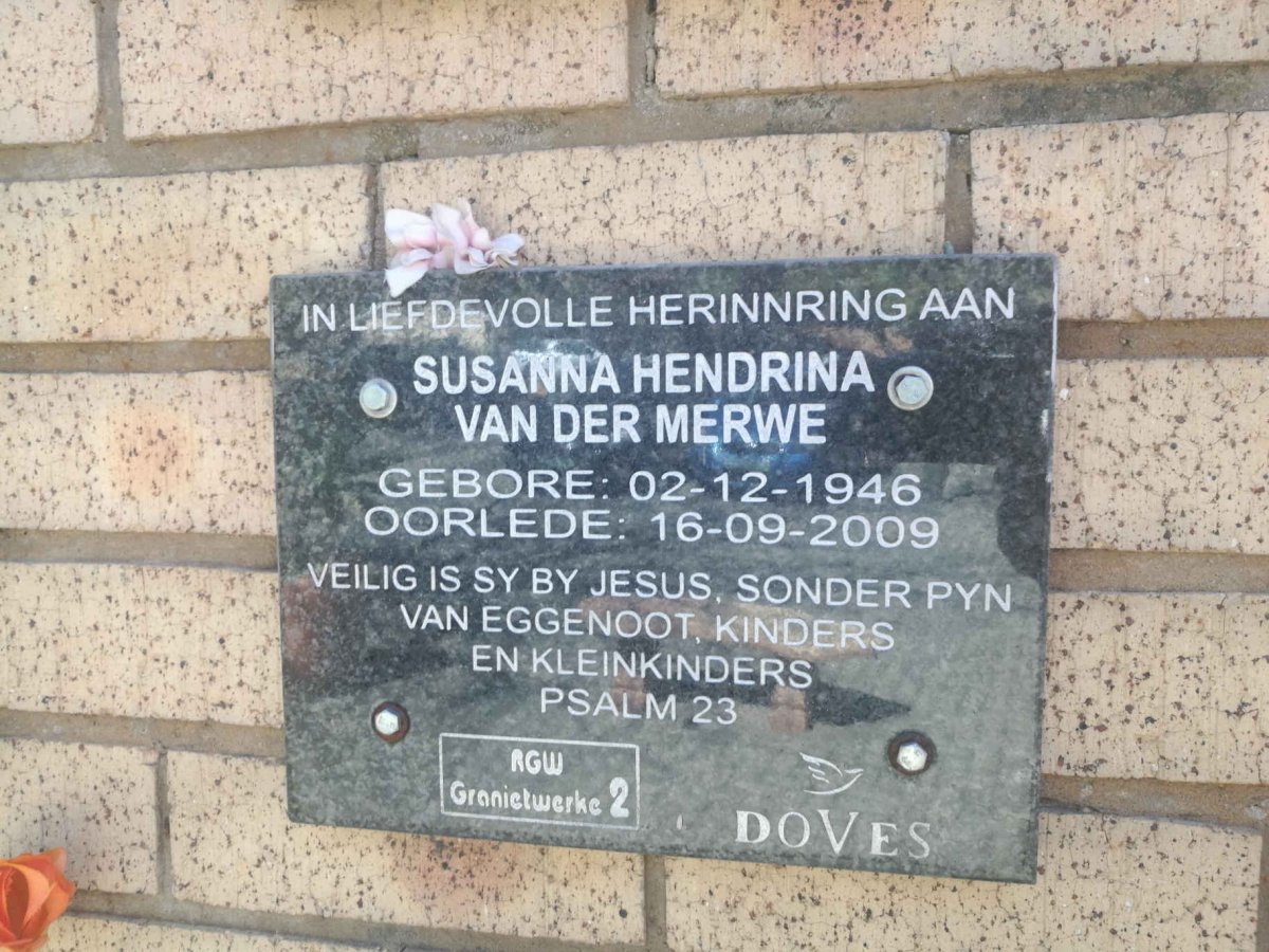 MERWE Susanna Hendrina, van der 1946-2009